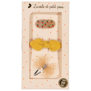 COFFRET 3 BARRETTES CERISE ET MOUTARDE